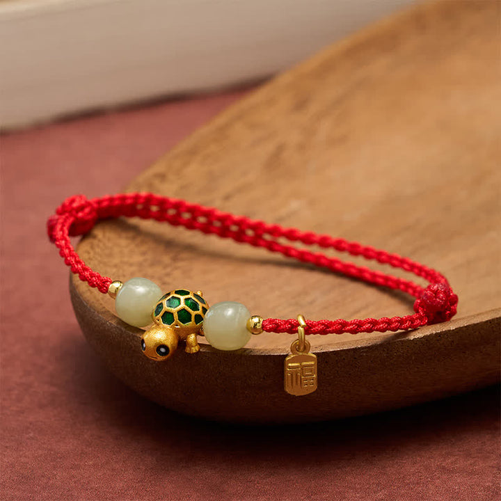Buddha Stones Koperen Schildpad Hetian Jade Fu Karakter Geluk Rode Koord Armband - image 3