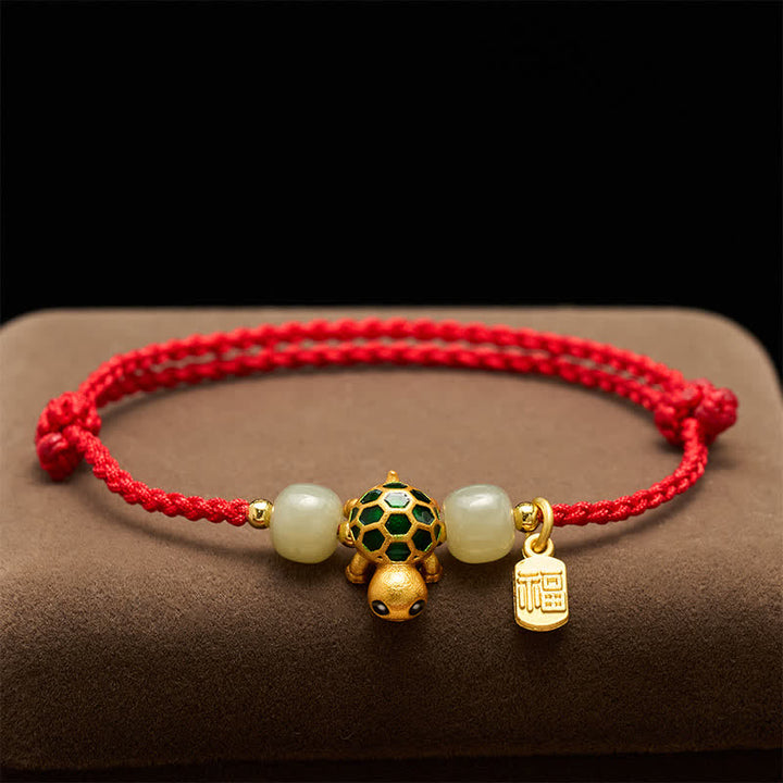 Buddha Stones Koperen Schildpad Hetian Jade Fu Karakter Geluk Rode Koord Armband - image 2