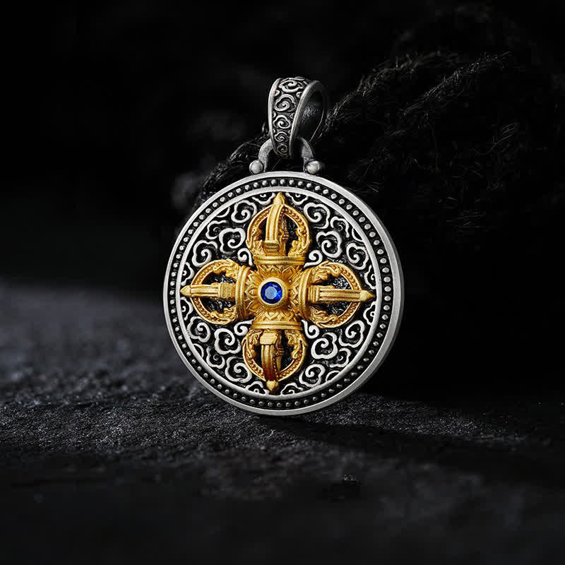 Buddha Stones Tibetaanse koperen ronde hanger met gekruiste Vajra Om Mani Padme Hum Wijsheid Ketting - Vajra Om Mani Padme Hum - image 0