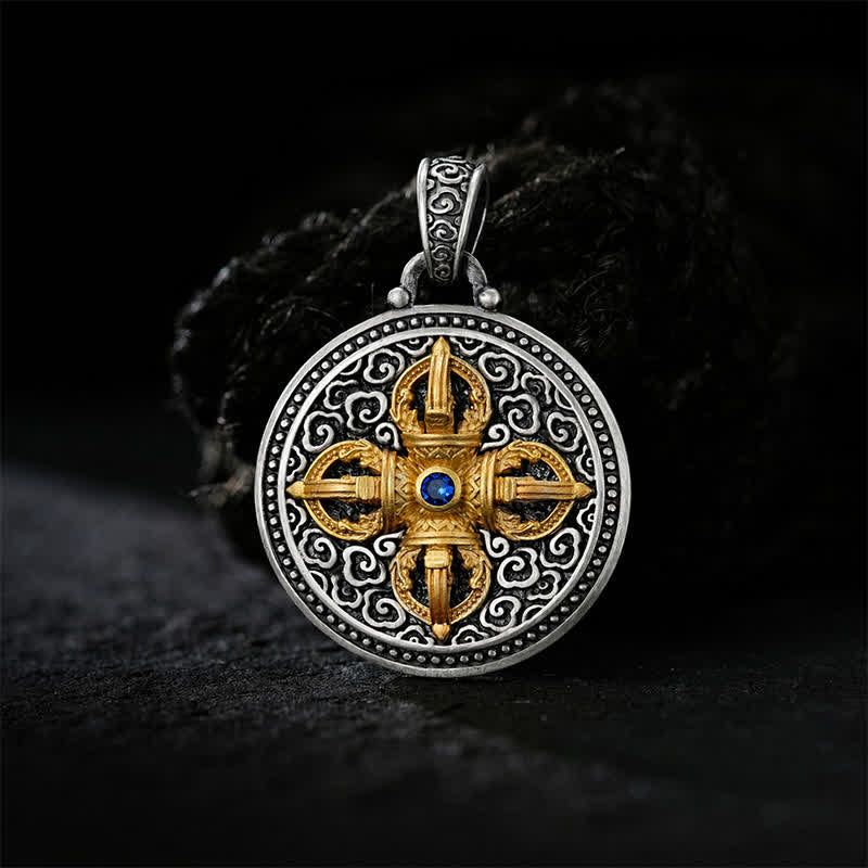 Buddha Stones Tibetaanse koperen ronde hanger met gekruiste Vajra Om Mani Padme Hum Wijsheid Ketting - image 1