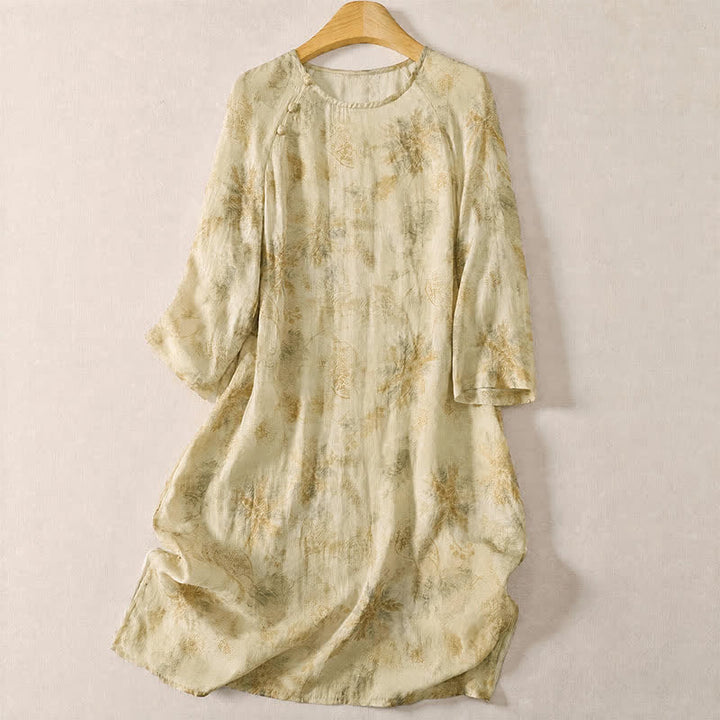 Buddha Stones Lente Boho Elegante Bloemenjurk met Lange mouw voor Dames - Beige - US12, UK/AU16, EU44 (2XL) - image 0