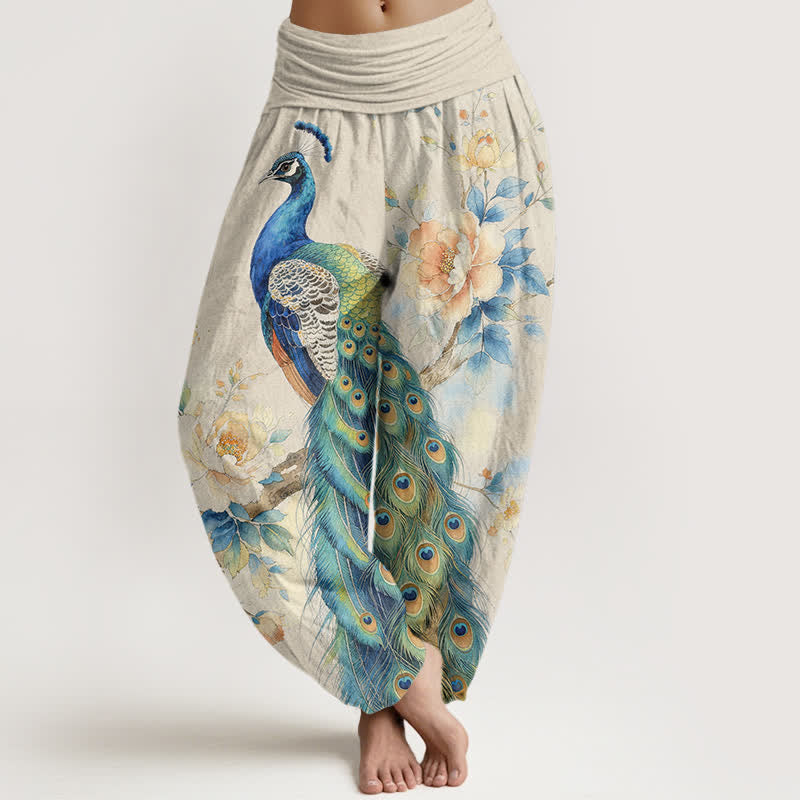 Buddha Stones Dames harembroek met elastische Taille en pauwen- en bloemenprint - Ivoor - US16, UK/AU20, EU48 (3XL) - image 0
