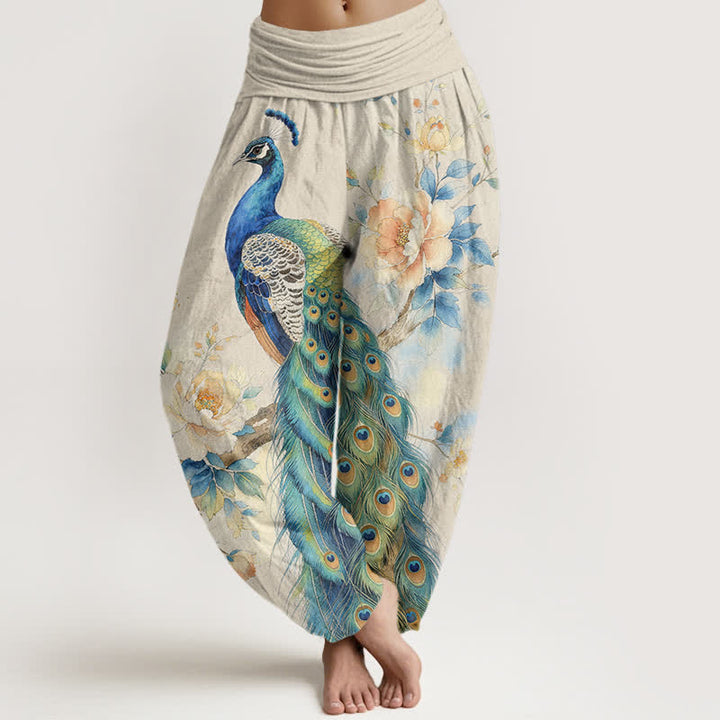 Buddha Stones Dames harembroek met elastische Taille en pauwen- en bloemenprint - Ivoor - US16, UK/AU20, EU48 (3XL) - image 0