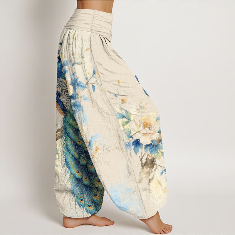 Buddha Stones Dames harembroek met elastische Taille en pauwen- en bloemenprint - image 1