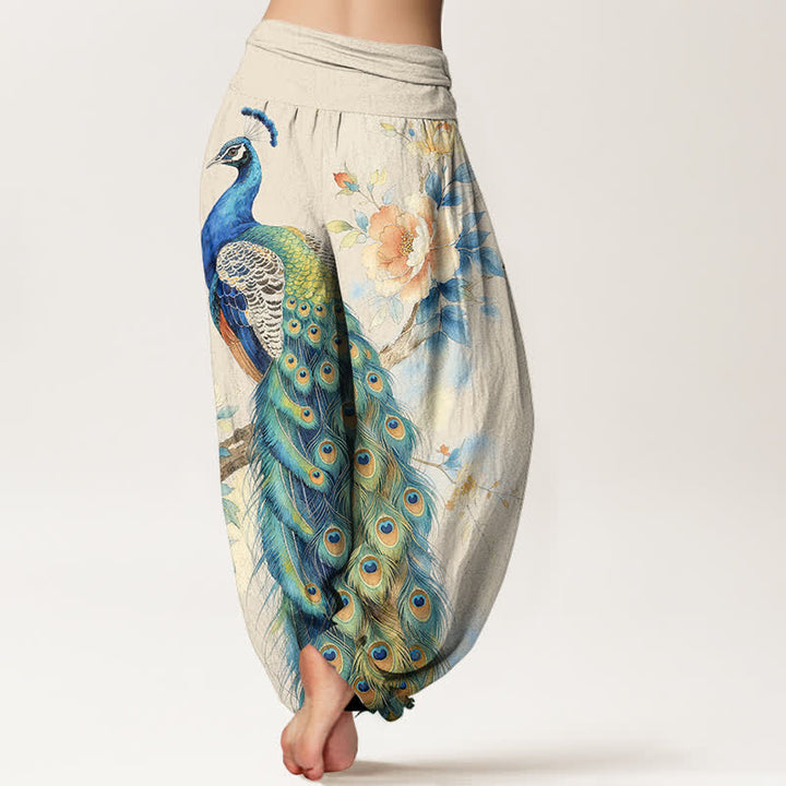 Buddha Stones Dames harembroek met elastische Taille en pauwen- en bloemenprint - image 2