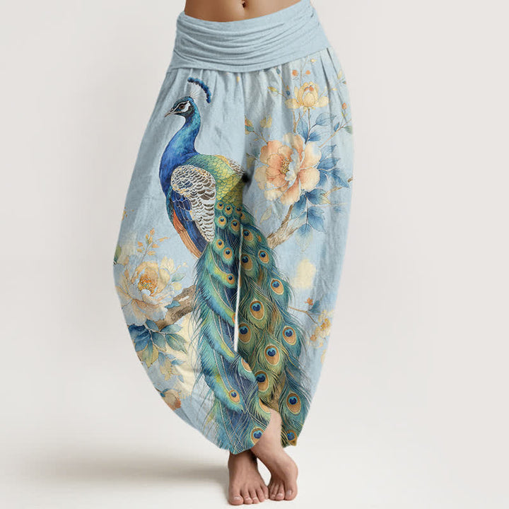 Buddha Stones Dames harembroek met elastische Taille en pauwen- en bloemenprint - Poederblauw - US16, UK/AU20, EU48 (3XL) - image 5