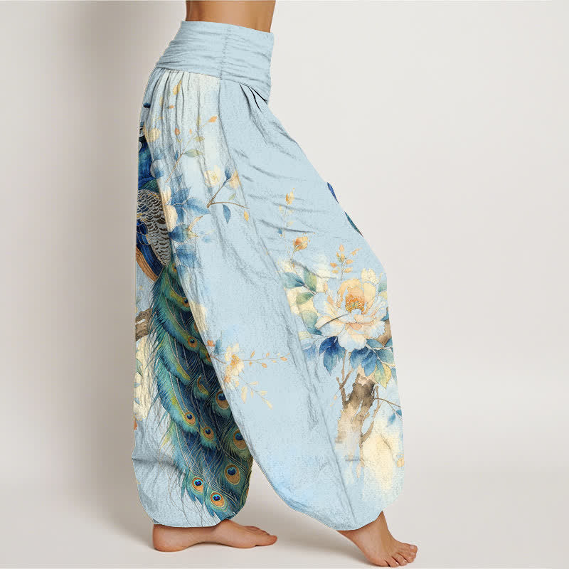 Buddha Stones Dames harembroek met elastische Taille en pauwen- en bloemenprint - image 6