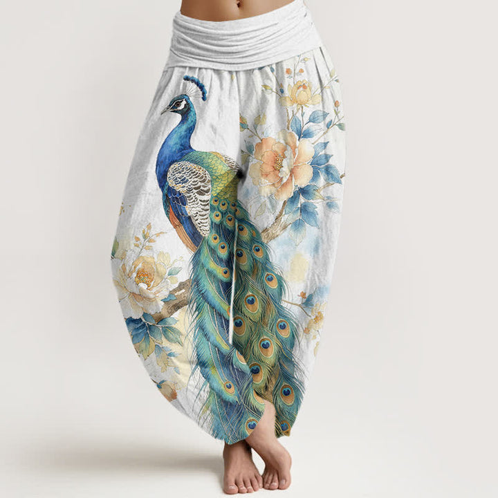 Buddha Stones Dames harembroek met elastische Taille en pauwen- en bloemenprint - Wit - US16, UK/AU20, EU48 (3XL) - image 8
