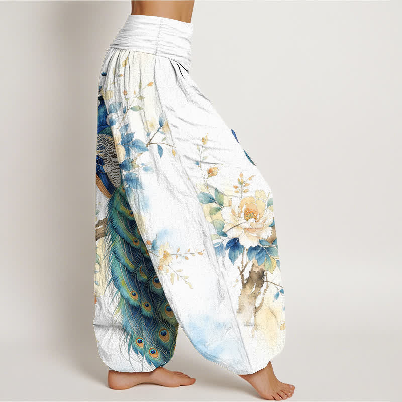 Buddha Stones Dames harembroek met elastische Taille en pauwen- en bloemenprint - image 9