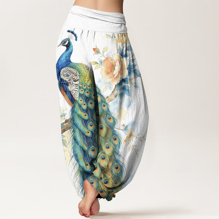 Buddha Stones Dames harembroek met elastische Taille en pauwen- en bloemenprint - image 10