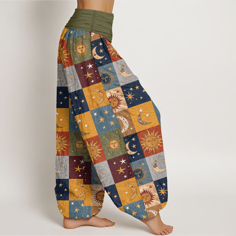 Buddha Stones Dames harembroek met elastische Taille en patchworkpatroon van katoen met zon- en maanmotief - image 1