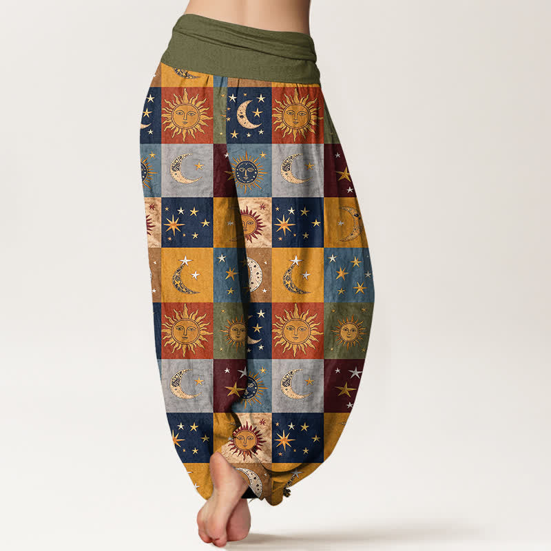 Buddha Stones Dames harembroek met elastische Taille en patchworkpatroon van katoen met zon- en maanmotief - image 2