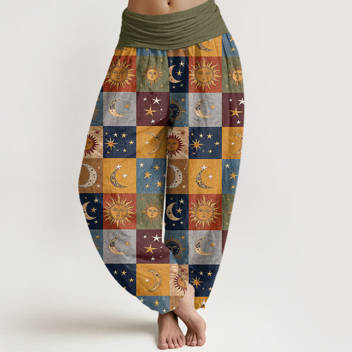 Buddha Stones Dames harembroek met elastische Taille en patchworkpatroon van katoen met zon- en maanmotief - Olijf - US16, UK/AU20, EU48 (3XL) - image 0