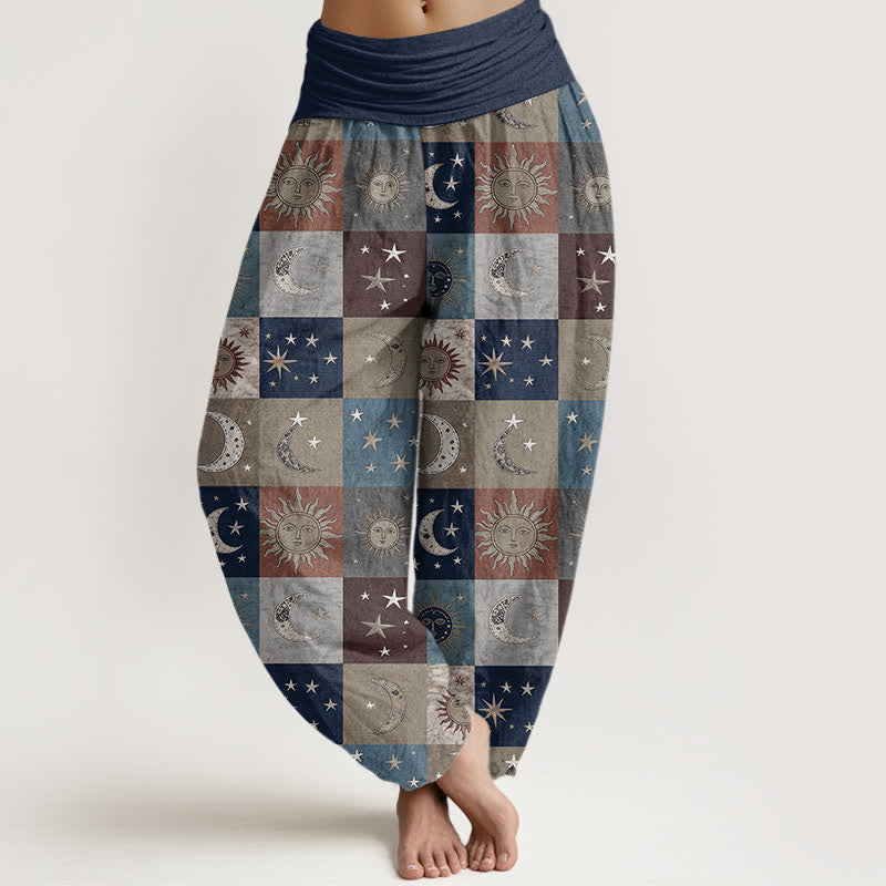 Buddha Stones Dames harembroek met elastische Taille en patchworkpatroon van katoen met zon- en maanmotief - Marine - US16, UK/AU20, EU48 (3XL) - image 5