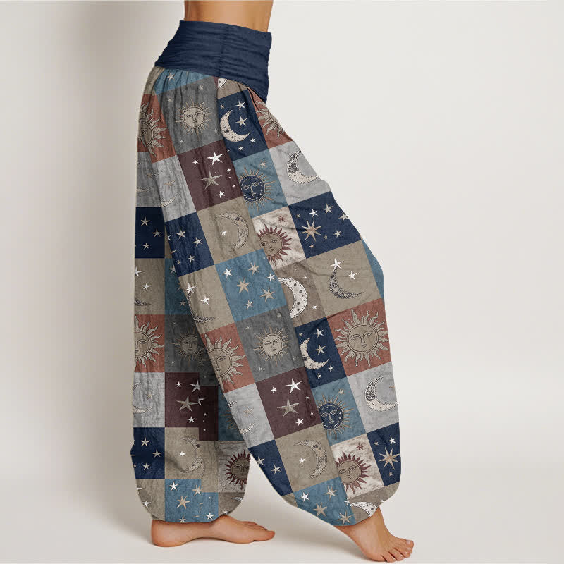 Buddha Stones Dames harembroek met elastische Taille en patchworkpatroon van katoen met zon- en maanmotief - image 6