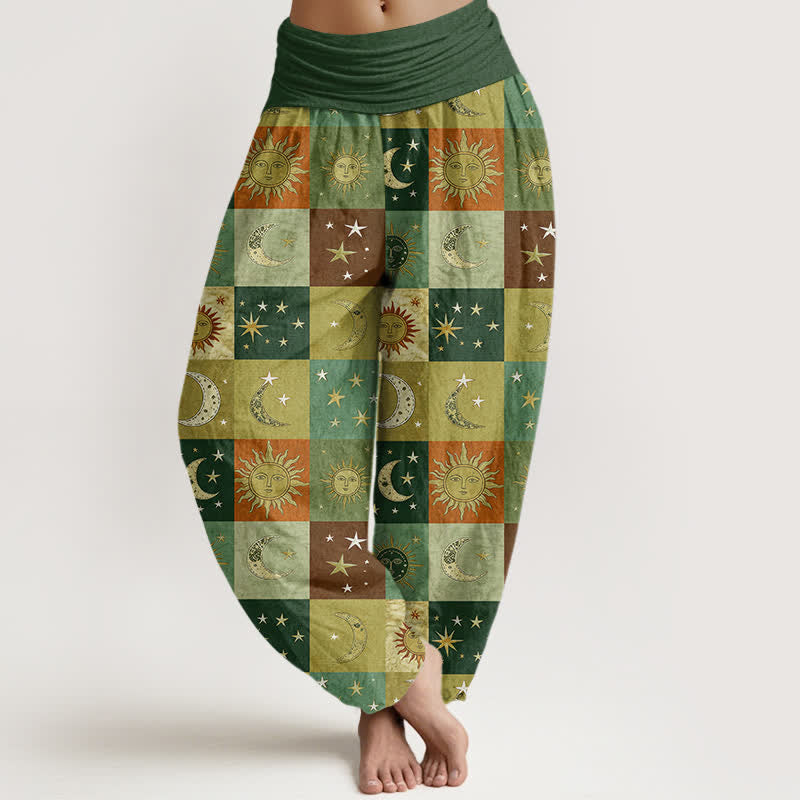 Buddha Stones Dames harembroek met elastische Taille en patchworkpatroon van katoen met zon- en maanmotief - Zeegroen - US16, UK/AU20, EU48 (3XL) - image 8
