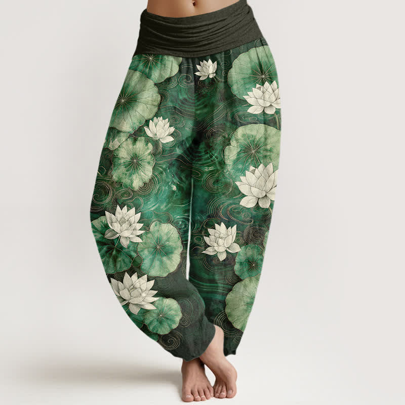 Buddha Stones Dames harembroek met elastische Taille en lotusvijverpatroon - Zeegroen - US16, UK/AU20, EU48 (3XL) - image 0
