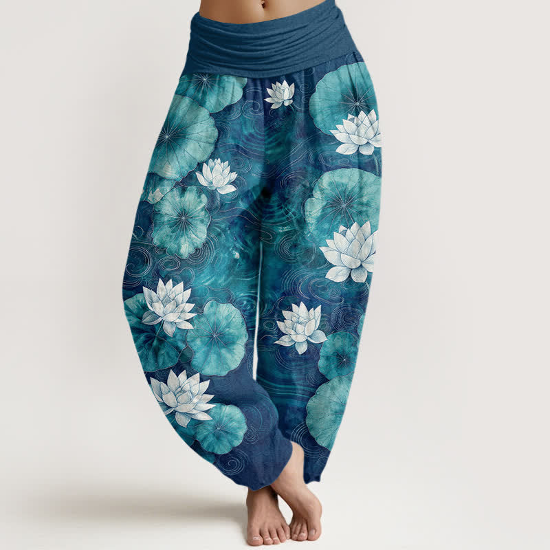 Buddha Stones Dames harembroek met elastische Taille en lotusvijverpatroon - Teal - US16, UK/AU20, EU48 (3XL) - image 5
