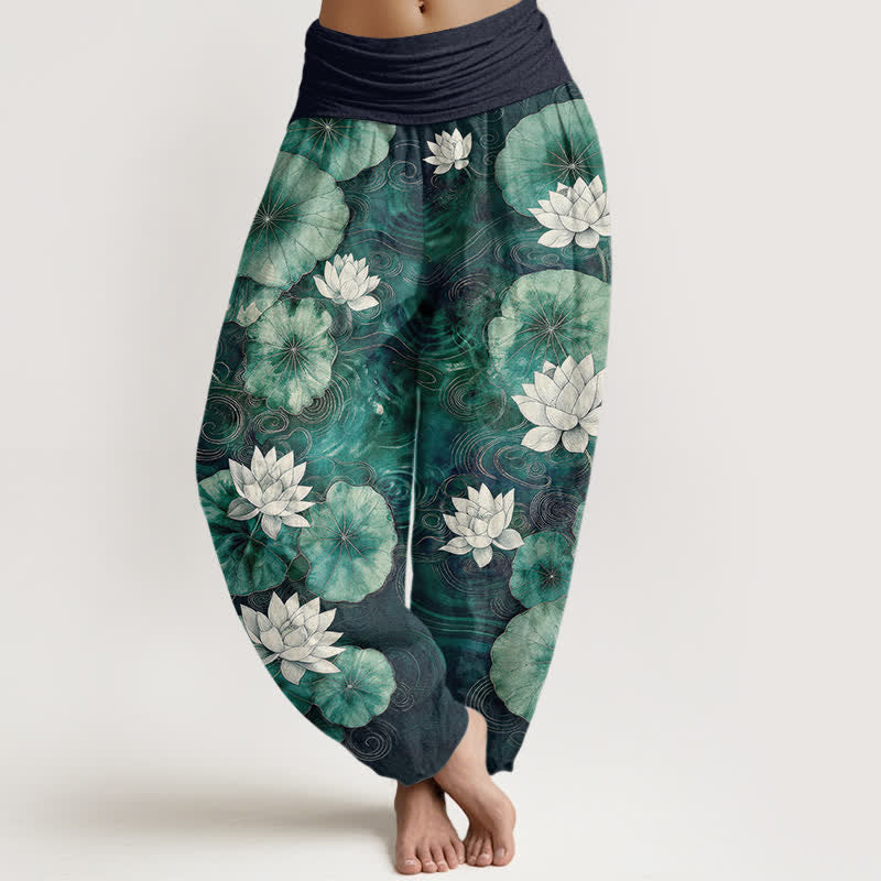 Buddha Stones Dames harembroek met elastische Taille en lotusvijverpatroon - Marine - US16, UK/AU20, EU48 (3XL) - image 8