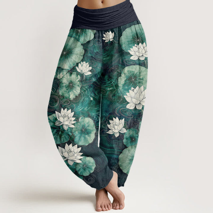 Buddha Stones Dames harembroek met elastische Taille en lotusvijverpatroon - Marine - US16, UK/AU20, EU48 (3XL) - image 8