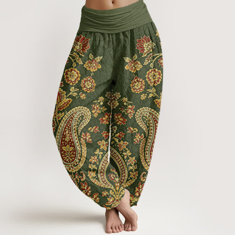 Buddha Stones Dames harembroek met elastische Taille en paisley-bloemenprint - Donker olijfgroen - US16, UK/AU20, EU48 (3XL) - image 5
