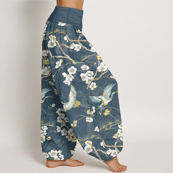 Buddha Stones Witte katoenen harembroek met kraanvogelmotief en elastische Taille voor dames - image 1