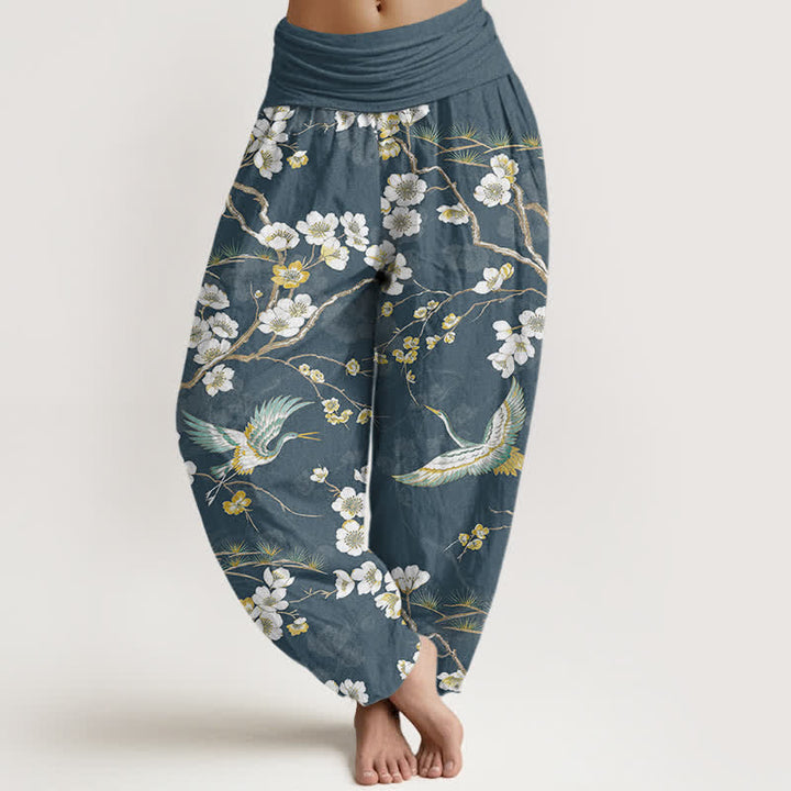 Buddha Stones Witte katoenen harembroek met kraanvogelmotief en elastische Taille voor dames - CadetBlue - US16, UK/AU20, EU48 (3XL) - image 0