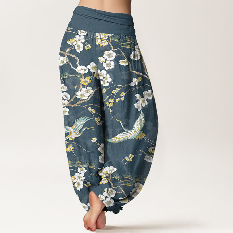 Buddha Stones Witte katoenen harembroek met kraanvogelmotief en elastische Taille voor dames - image 2
