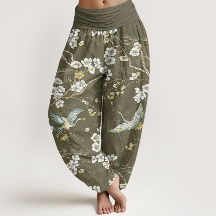 Buddha Stones Witte katoenen harembroek met kraanvogelmotief en elastische Taille voor dames - Olijfgroen - US16, UK/AU20, EU48 (3XL) - image 5