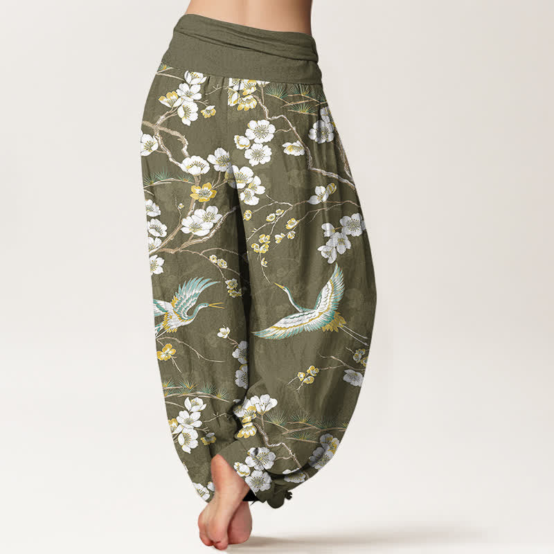 Buddha Stones Witte katoenen harembroek met kraanvogelmotief en elastische Taille voor dames - image 7
