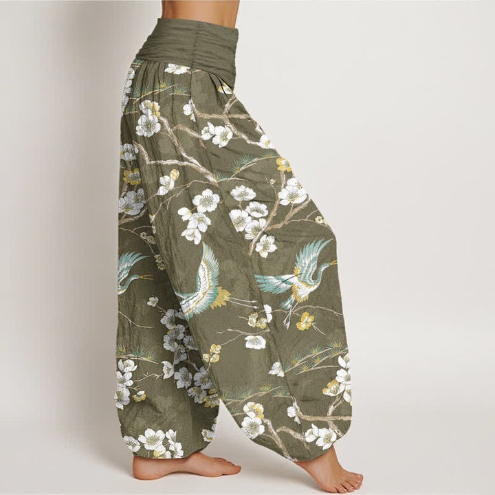 Buddha Stones Witte katoenen harembroek met kraanvogelmotief en elastische Taille voor dames - image 6