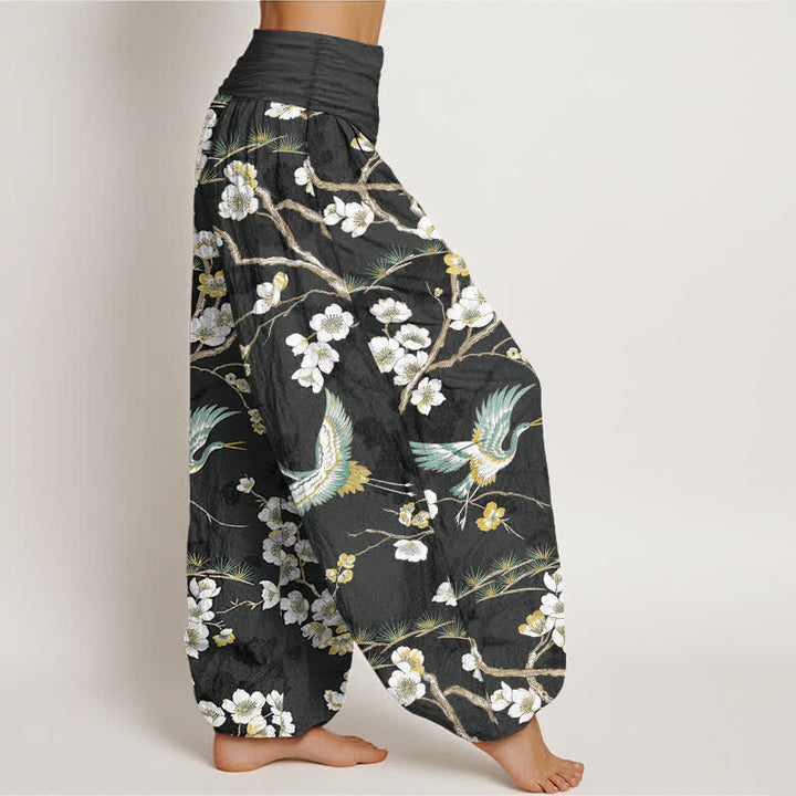 Buddha Stones Witte katoenen harembroek met kraanvogelmotief en elastische Taille voor dames - image 9