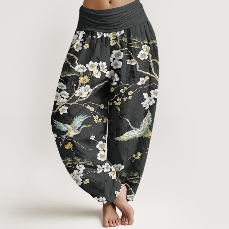 Buddha Stones Witte katoenen harembroek met kraanvogelmotief en elastische Taille voor dames - Zwart - US16, UK/AU20, EU48 (3XL) - image 8