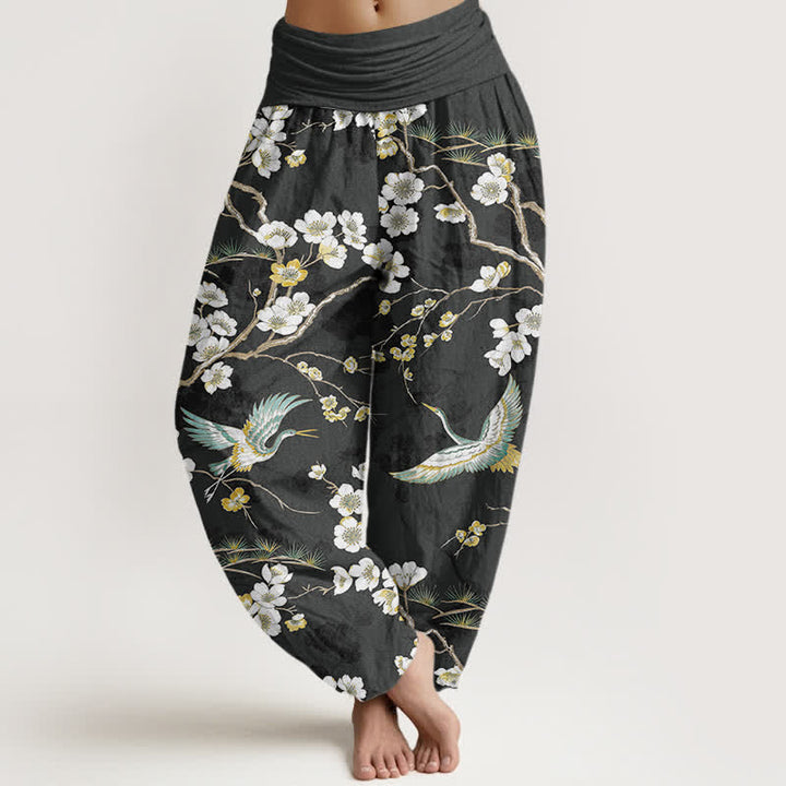 Buddha Stones Witte katoenen harembroek met kraanvogelmotief en elastische Taille voor dames - Zwart - US16, UK/AU20, EU48 (3XL) - image 8