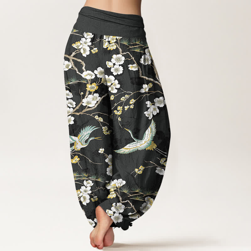 Buddha Stones Witte katoenen harembroek met kraanvogelmotief en elastische Taille voor dames - image 10