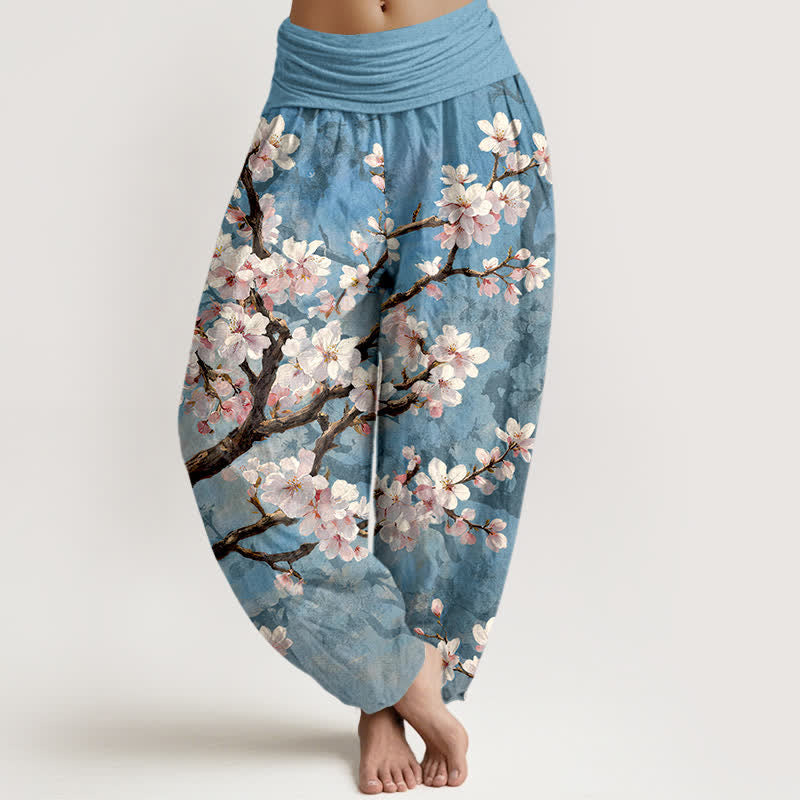Buddha Stones Dames harembroek met elastische Taille en patroon van katoenen sakura-bloesemtakken - Lichtblauw - US16, UK/AU20, EU48 (3XL) - image 0