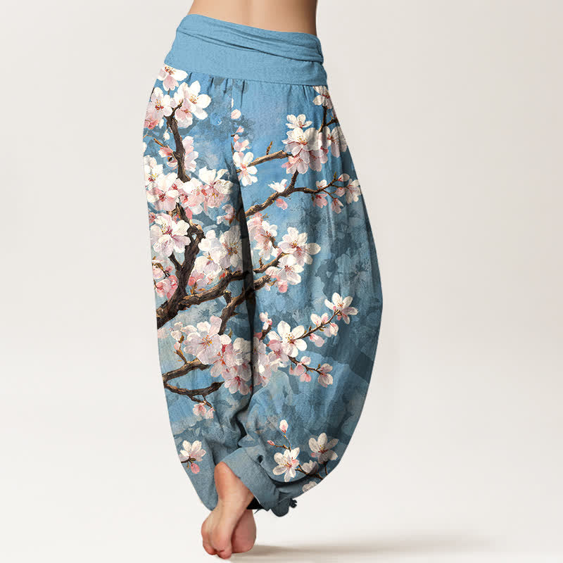 Buddha Stones Dames harembroek met elastische Taille en patroon van katoenen sakura-bloesemtakken - image 2