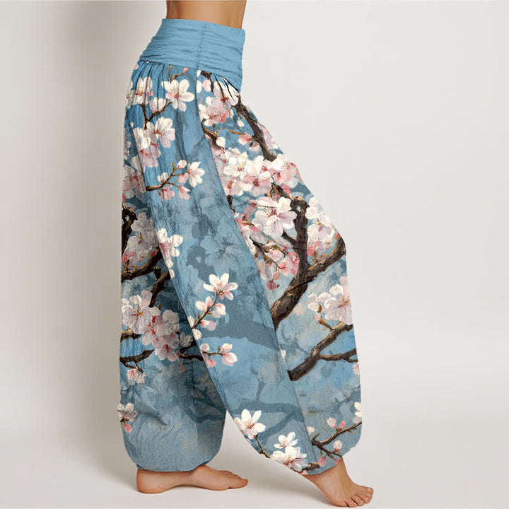 Buddha Stones Dames harembroek met elastische Taille en patroon van katoenen sakura-bloesemtakken - image 1