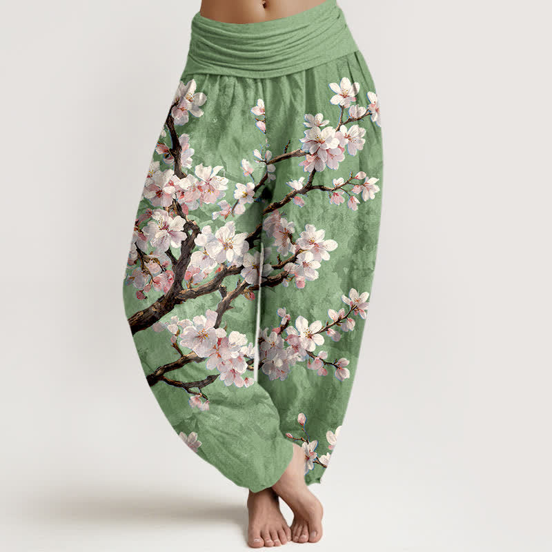 Buddha Stones Dames harembroek met elastische Taille en patroon van katoenen sakura-bloesemtakken - Lichtgroen - US16, UK/AU20, EU48 (3XL) - image 8