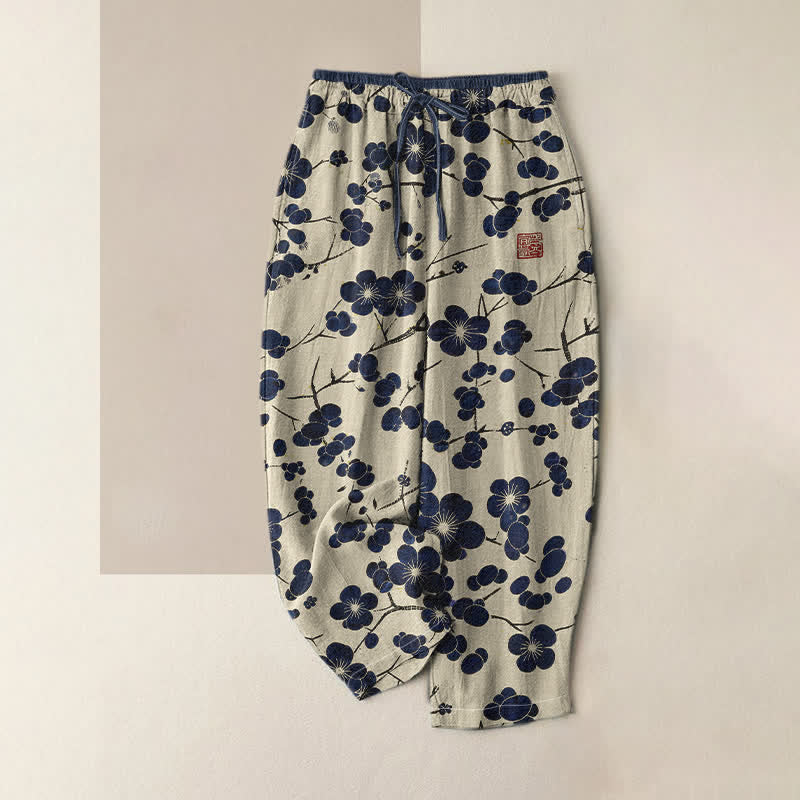 Buddha Stones Damesbroek van 100% Cotton met indigo bloesemprint, elastische Taille en Zakken. - Ivoor - US16, UK/AU20, EU48 (3XL) - image 0