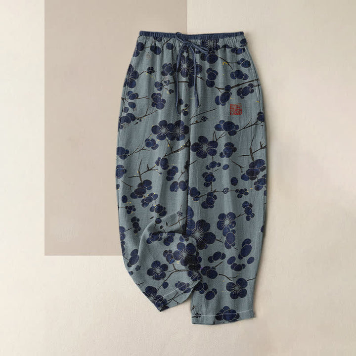 Buddha Stones Damesbroek van 100% Cotton met indigo bloesemprint, elastische Taille en Zakken. - Lichtstaalblauw - US16, UK/AU20, EU48 (3XL) - image 3
