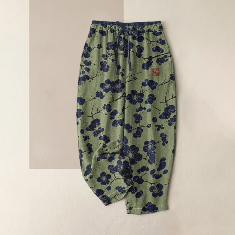 Buddha Stones Damesbroek van 100% Cotton met indigo bloesemprint, elastische Taille en Zakken. - Olijfgroen - US16, UK/AU20, EU48 (3XL) - image 4
