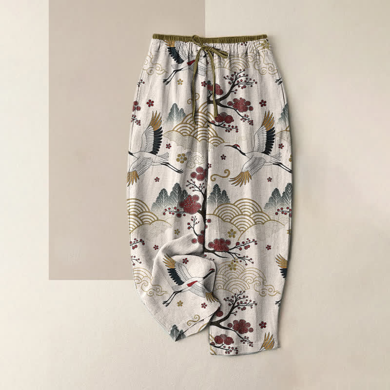 Buddha Stones Damesbroek van 100% Cotton met elastische Taille en Zakken , met sierlijk kraanvogel- en pruimenbloesempatroon. - Ivoor - US16, UK/AU20, EU48 (3XL) - image 0