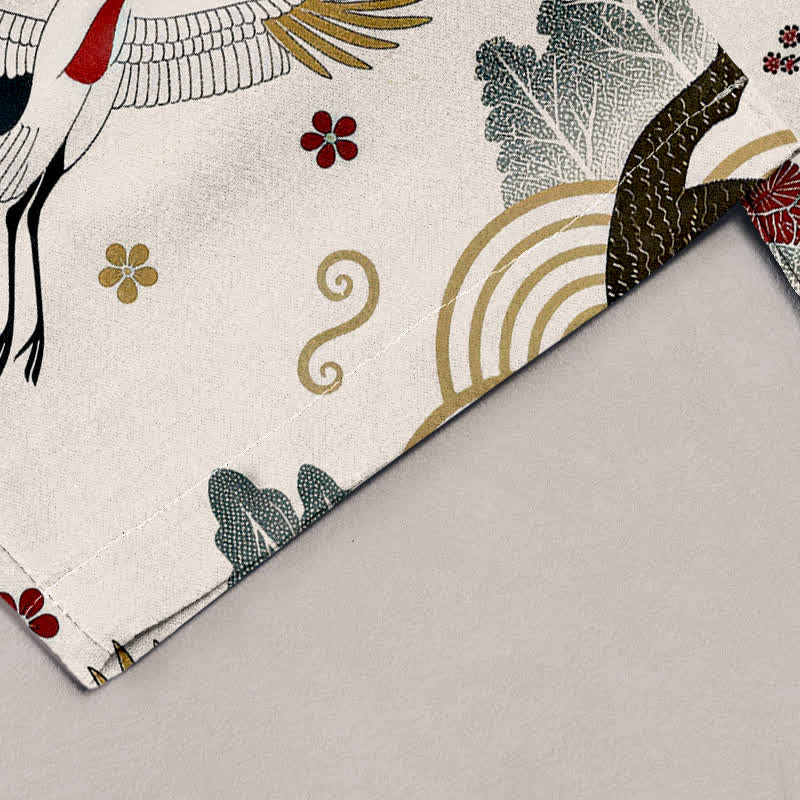 Buddha Stones Damesbroek van 100% Cotton met elastische Taille en Zakken , met sierlijk kraanvogel- en pruimenbloesempatroon. - image 1
