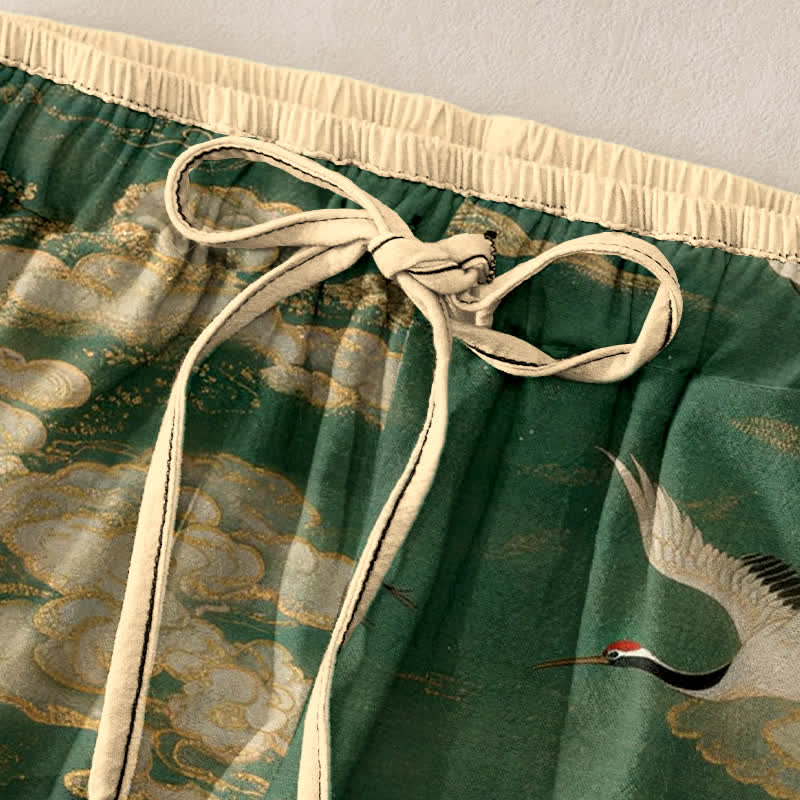 Buddha Stones Elegante damesbroek van 100% Cotton met kraanvogelbloesempatroon, elastische Taille en Zakken. - image 1