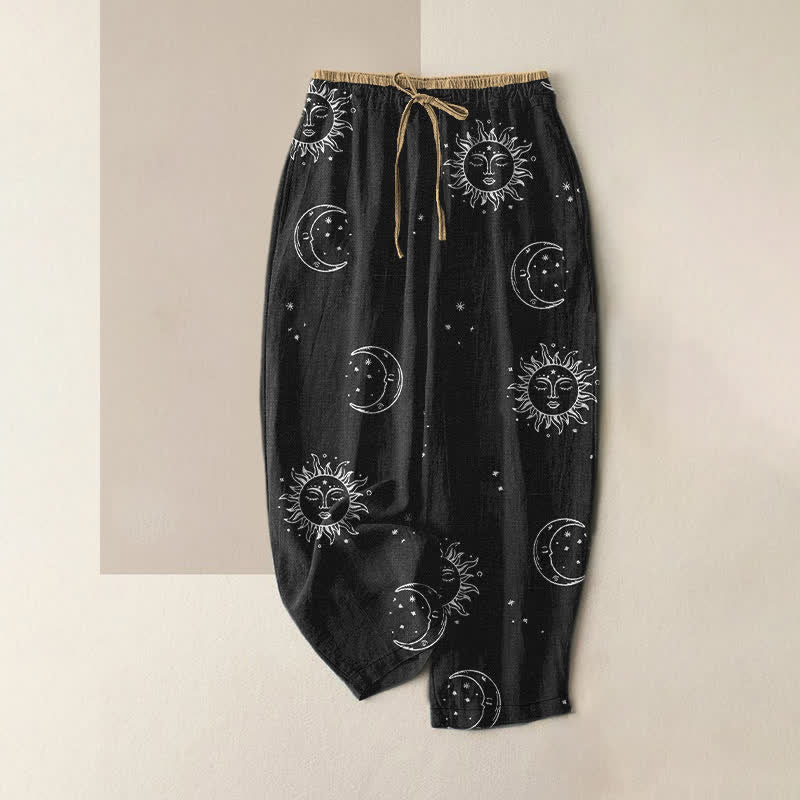 Buddha Stones Damesbroek van 100% Cotton met mystiek maan- en zonpatroon, elastische Taille en Zakken. - Zwart - US16, UK/AU20, EU48 (3XL) - image 0