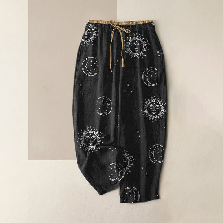Buddha Stones Damesbroek van 100% Cotton met mystiek maan- en zonpatroon, elastische Taille en Zakken. - Zwart - US16, UK/AU20, EU48 (3XL) - image 0