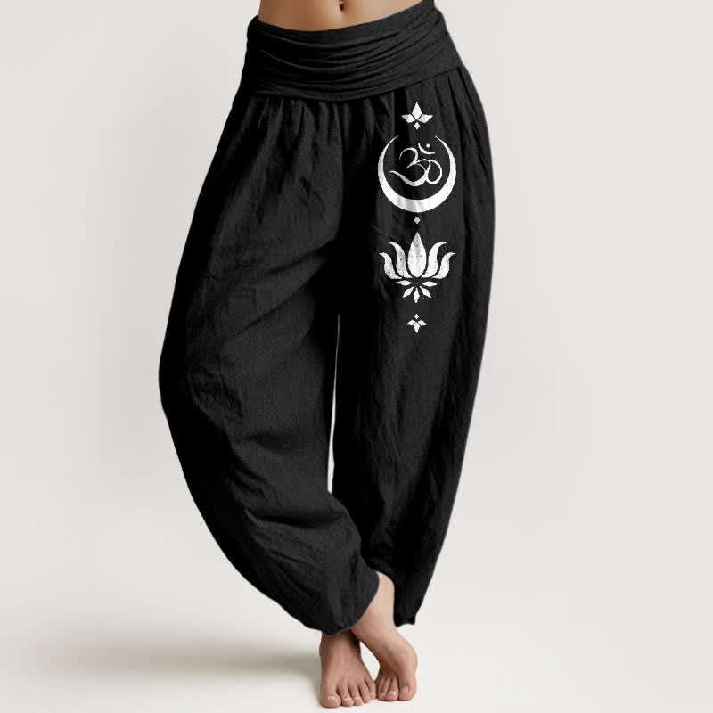 Buddha Stones Harembroek voor dames met elastische Taille en Om Lotus Maan-patroon van 100% Cotton - Zwart - US16, UK/AU20, EU48 (3XL) - image 0