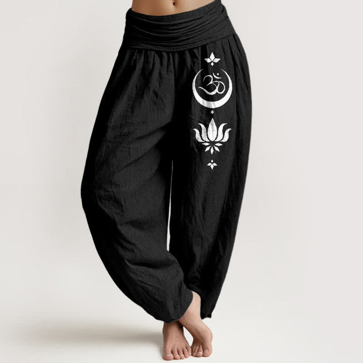 Buddha Stones Harembroek voor dames met elastische Taille en Om Lotus Maan-patroon van 100% Cotton - Zwart - US16, UK/AU20, EU48 (3XL) - image 0