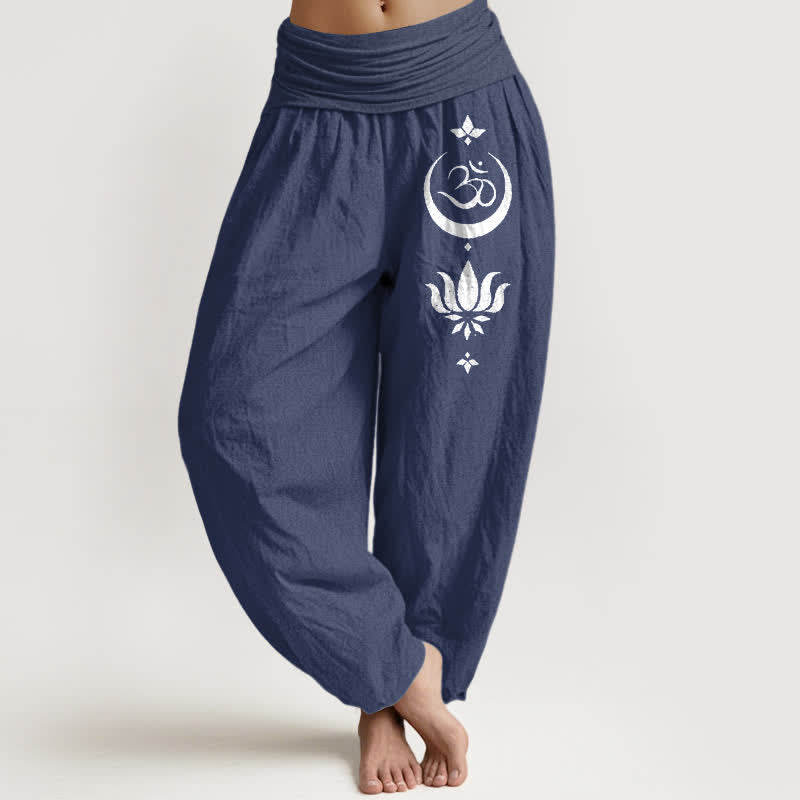Buddha Stones Harembroek voor dames met elastische Taille en Om Lotus Maan-patroon van 100% Cotton - Donker leisteenblauw - US16, UK/AU20, EU48 (3XL) - image 5